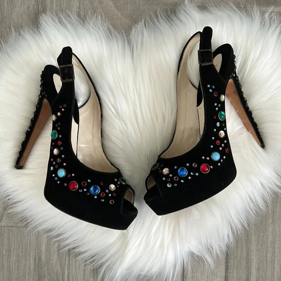 Brian Atwood Shoes Brian Atwood Black Suede Jeweled Peep Toe